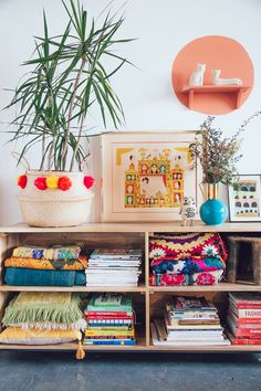 a book shelf with books and pictures on it in front of a potted plant