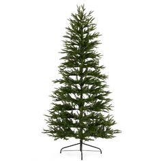 a small pine tree on a stand against a white background