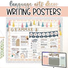 a poster with the words language arts and decor written on it next to a computer