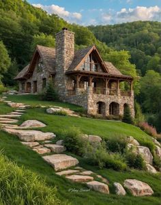 a stone house in the middle of a lush green hillside surrounded by trees and mountains