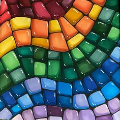 an abstract painting with many different colors and shapes on it's surface, including squares