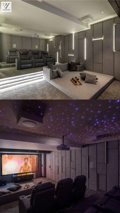 two pictures show the inside of a home theater and an empty room with couches