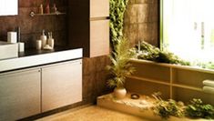 a bath tub sitting next to a window with plants growing on the side of it