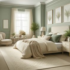 a bedroom with green walls and white furniture