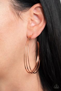 A trio of shiny copper hoops are stacked into a dramatically layered display. Earring attaches to a standard post fitting. Hoop measures approximately 2 1/2" in diameter.

 Sold as one pair of hoop earrings. Trendy Fringe, Colorful Frames, Ball Necklace, Paparazzi Accessories, Paparazzi Jewelry, Hammered Silver, Copper Earrings, Silver Stars, Silver Beads