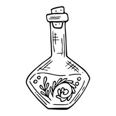 an ink drawing of a bottle with flowers in it and water inside the bottle, on a white background