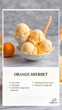 orange sherbet ice cream in a bowl with an orange slice and two straws