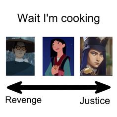 three different avatars with the words wait i'm cooking, revenge and justice