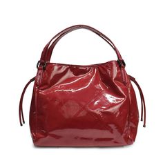 Burberry large tote bag in plaid embossed raspberry red patent leather. Features gunmetal hardware, oversized drawstrings on either side, logo plaque on front, and flat handles. Brand = Burberry Condition = 8.5/10, very good Dimensions = 14" x 12.5" x 7" Top Handle = 6" Material = Leather Hardware = Gunmetal SKU = 20981-7 Burberry Tote Bag, Burberry Tote, Gunmetal Hardware, Raspberry Red, Leather Hardware, Large Tote Bag, Large Tote, Top Handle, Patent Leather