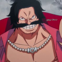 an anime character with a moustache on his face and chest, wearing pearls