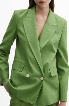 Peaked lapels perfect the look of a smart blazer cut from crisp and breathable linen. Double-breasted button closure Peaked lapels Front flap pockets Partially lined 100% linen Dry clean Imported Hairstyling Products, Green Fits, Rollerball Perfume, Fragrance Design, Linen Blazer, Nordstrom Store, Styling Tools, Shoe Sale, Travel Size Products