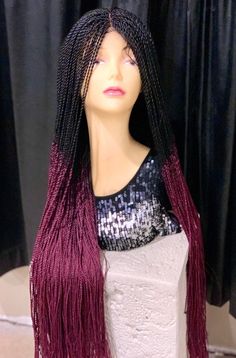 Two-Tone Knotless Box Braids on Frontal Lace Closure (2 x4)Wig braided with high quality ultra braids extensions. Can be made to your specifications in Color, Length, Size and Style. Length: 36 inches Colors : Black & Burgundy Braiding Hair Colors, Braids Extensions, Knotless Box Braids, Ombre Braid, Colored Braids, Braided Wigs, Braids With Extensions, Braided Wig, Braids With Curls