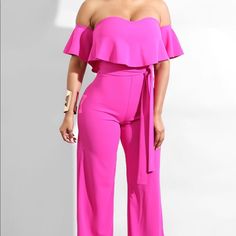 Off Shoulder Fuchsia/Hot Pink, Wide Leg, Jumpsuit, Stretch Material, Never Worn Pink Strapless Jumpsuit For Spring Party, Casual Pink Strapless Jumpsuit For Spring, Spring Party Pink Strapless Jumpsuit, Chic Pink Stretch Strapless Jumpsuit, Pink Stretch Jumpsuits And Rompers For Spring, Pink Fitted Strapless Jumpsuit For Spring, Pink Fitted Strapless Jumpsuit Casual Style, Pink Fitted Casual Strapless Jumpsuit, Pink Fitted Strapless Casual Jumpsuit