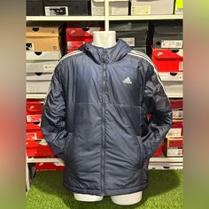 Adidas Ess Ins Hoddie Jacket, Size Large Mens ,Color Navy Blue/White, Insulated 100% Polyester,New With Tags Orange Puffer Jacket, Adidas Pullover, Adidas Classic, Quilted Puffer Jacket, Adidas Jackets, Hoodie Coat, Jacket Parka, Adidas Sportswear, Anorak Jacket