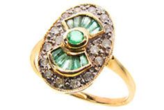 This BEAUTIFUL Art-Deco Inspired ring has been crafted from 9ct Solid Gold. A bezel set round cut NATURAL Emerald is the centrestone with gorgeous calibre cut Emeralds set on opposite sides of each other. GENUINE earth mined round diamonds are claw set surrounding the entire ring. THIS VINTAGE INSPIRED ART-DECO EMERALD & DIAMOND RING IS TRULY AN EXQUISITE FINE JEWELLERY PIECE WHICH IS TO BE TREASURED FOR A LIFETIME ! • FREE GIFT BOX PROVIDED• ALL ITEMS PACKAGED IN BUBBLE BAG• SHIPPING United Art Deco Emerald Ring With 17 Jewels, Art Deco Green Diamond Ring In 14k Gold, Art Deco Green Diamond Ring Hallmarked, Oval Art Deco Emerald Ring Stamped 14k, Emerald Ring With Diamonds, Antique Emerald Ring, Art Deco Emerald, Art Deco Emerald Ring, Smaragd Ring