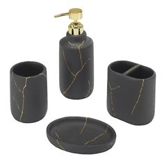 black and gold bathroom accessories set with soap dispenser