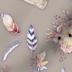 flowers and feathers on a gray background