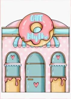 a donut shop with a giant pink doughnut hanging from the front