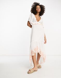 Dress by River Island Dreaming of the beach Plunge neck Flutter sleeves Tie-back fastening Broderie hem Regular fit Maxi Beach Dress, Beach Maxi Dress, Flutter Sleeves, Beach Dress, Summer Essentials, Flutter Sleeve, River Island, The Beach, Cut Out