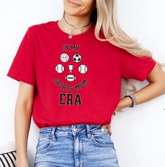 Celebrate your "Sports Mom Era" with this stylish and ultra-comfortable Bella + Canvas 3001 t-shirt! Perfect for game days, practice runs, or just showing off your sports mom pride, this tee is a must-have for all the dedicated moms out there. Crafted from high-quality, soft cotton, this t-shirt offers a flattering unisex fit that complements any body type. The breathable fabric ensures you stay cool and comfortable, whether you're cheering from the stands or running errands. The simple yet trendy "In My Sports Mom Era" design is screen-printed for long-lasting wear, making this t-shirt a versatile addition to your wardrobe. This classic unisex jersey short sleeve tee fits like a well-loved favorite. These t-shirts have- ribbed knit collars to bolster shaping. The shoulders are tapered for Sporty Sublimation Print T-shirt For Sports, Sports Tops With Sublimation Print For Sports Season, Sublimation Print Tops For Sports, Sports T-shirt With Sublimation Print, Red Letter Print T-shirt For Sportswear, Red Sportswear T-shirt With Letter Print, Red Letter Print T-shirt Sportswear, Athleisure Tops With Sublimation Print For Sports Events, Team Spirit Crew Neck T-shirt For Workout