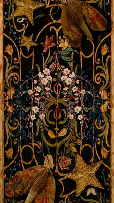 an art nouveau painting with birds and flowers on it's sides, surrounded by ornate wrought iron work