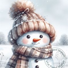 a watercolor painting of a snowman wearing a hat and scarf