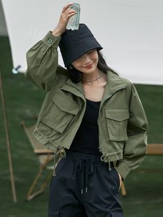 Army Green Casual Collar Long Sleeve Fabric Plain Other Embellished Non-Stretch  Women Outerwear Anorak Jacket Outfit, Army Jacket Women, Drop Shoulder Jacket, Green Jacket Outfit, Style Vert, Shoulder Jacket, Army Clothes, Bunny Wallpaper, Korean Casual Outfits