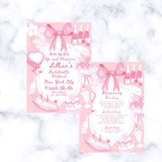 two wedding cards with pink and white designs on them, one in the shape of a teapot