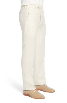 Washed linen gives a soft feel to charming dress pants with fully tailored construction for a superior fit. Zip fly with hook-and-bar and button closure Front slant pockets; back pockets 100% linen Dry clean Imported Fitted Straight Bottoms For Summer, Straight Fit Straight Pants For Summer, Summer Straight Fit Pants, Elegant Flat Front Summer Bottoms, Fitted Linen Pants With Flat Front, Fitted Linen Flat Front Pants, Classic Full Length Dress Pants For Summer, Full-length Linen Dress Pants For Spring, Linen Full-length Dress Pants For Spring