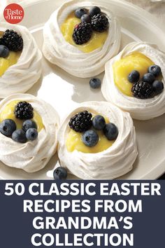 the cover of 50 classic easter recipes from grandma's collection is shown on a plate