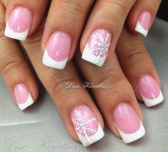 Sculpted pink and white gel enhancement with Swarovski Crystals. #Swarovskicrystals #swarovski #pinkandwhites #snowflakes #frenchnails #gelnails #nailart #handpaintednails #naildesign #nails #lisakorallus #liquidglamour #lisasaltiel #lisamariesaltiel #nailpictures Winter French Tip Nails Square, Gel Ideas, Glitter Gel Nail Designs, Neat Nails, Wedding Nails Glitter, Black Acrylic Nails, Snowflake Nails, White Nail Designs