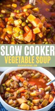 a bowl of slow cooker vegetable soup is shown with the title in the middle