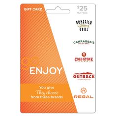 an orange gift card with the words enjoy on it and two different types of logos