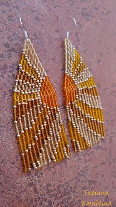 Unique Beaded Earrings Orange Native Earrings Seed Bead Earrings Chandelier Earrings Beadwork Fringe Wearable Art Mountain Sun Wave Sunset - Etsy Handwoven Yellow Beaded Earrings With Round Beads, Yellow Handwoven Beaded Earrings With Round Beads, Yellow Handwoven Beaded Earrings For Festivals, Festival Yellow Handwoven Beaded Earrings, Yellow Handwoven Earrings For Festival, Yellow Handwoven Festival Earrings, Handmade Yellow Beaded Bohemian Earrings, Unique Orange Beaded Earrings With Colorful Beads, Handwoven Orange Bohemian Earrings