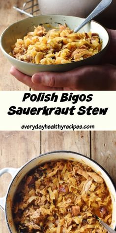 two pictures showing different types of food in the same bowl and one with meat on it