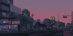 an animated cityscape with buildings and street lights at dusk, as the sun sets