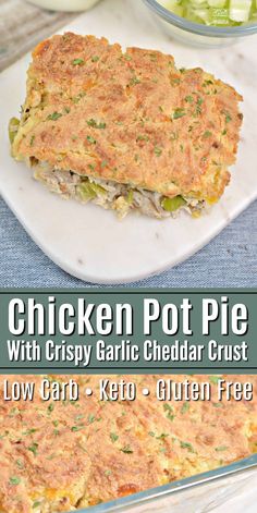 chicken pot pie with crispy garlic cheddar crust in a casserole dish