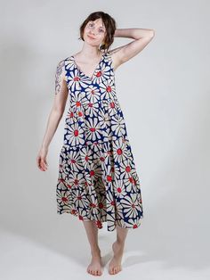 Thais Tiered Sleeveless Dress Navy Floral - Fair Trade Dresses | Mata Traders Graphic Floral, Tiered Midi Dress, Indigo Dye, Floral Color, Navy Floral, Cotton Style, Cut And Style, Cotton Weaving, Fair Trade