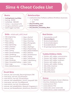 a pink and white poster with the words sims 4 chot code list on it