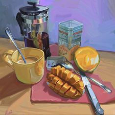 a painting of some food on a pink place mat with a cup and spoons