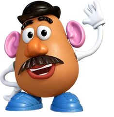 a cartoon potato with a moustache on his face and hands in the air