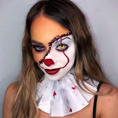 Happy Halloween Makeup, Half Clown Face Makeup, Colourful Clown Makeup, It Makeup Clown Women, Pennywise Makeup Women, Female Pennywise Makeup, Pennywise Face Paint, It Clown Makeup, Halloween Makeup Looks Scary