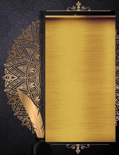 a gold and black background with a feather quill on the left side of the frame