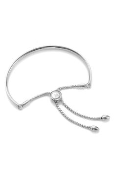 A smooth, curved metallic bar gleams around your wrist in this half-bangle bracelet finished with an adjustable slide-bead chain. This timeless, sophisticated piece makes the perfect stackable addition to your bracelet collection. 1/8" width Adjustable slide toggle Can be engraved in-store. See locations Sterling silver or sterling silver with 18k-gold plate Imported Exclusive US retailer Adjustable Stainless Steel Bangle With Polished Finish, Adjustable Everyday Jewelry With Polished Finish, Adjustable Polished Finish Jewelry, Adjustable Stainless Steel Bangle In White Gold, Adjustable White Gold Chain Bracelet, Adjustable White Gold Stainless Steel Chain Bracelet, Silver Sliding Knot Bangle Bracelets, Silver Sliding Knot Bangle Bracelet, Silver Bangle Bracelet With Sliding Knot