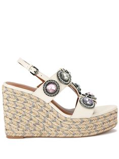 white calf leather appliqué detail gem embellishment buckle-fastening ankle strap round open toe branded footbed braided raffia wedge heel rubber sole Heeled Espadrilles, Wedge Espadrilles, Mint Velvet, Dolce E Gabbana, Kurt Geiger, Leather Wedges, Pump Sandals, Espadrille Shoes, Ballet Flat Shoes