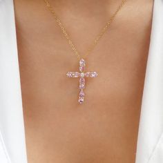 Material: gold plated stainless steel, crystals Length: 16" + 2" extension Pendant size: 1" x 1.35" IMPORTED Pink Cross Necklace, Pink Cross, Crystal Cross, Birthday Wishlist, Pink Crystal, Cross Necklace, Jade, Gold Plate, Christmas Gifts