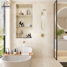 a white bath tub sitting next to a shower head in a bathroom under a mirror