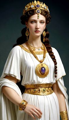 a woman dressed in white and gold with long braids, wearing an elaborate necklace