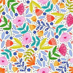 colorful flowers and leaves on a white background with polka dot dots, seamless fabric