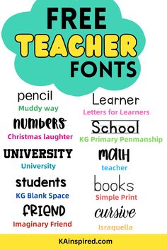 a poster with the words free teacher font in different colors and styles, including letters that are